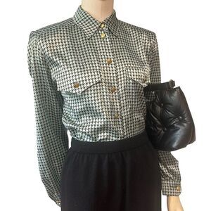 Basler Vintage Light Blue Houndstooth Satin Pajama Style Blouse Button Down Top